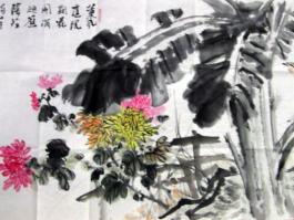 严石国画“芭蕉菊鸟”