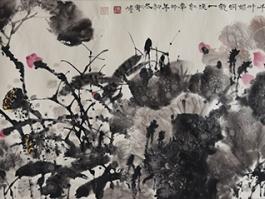 冯铁炉国画“绿云千叶媚，明镜一溪红” 